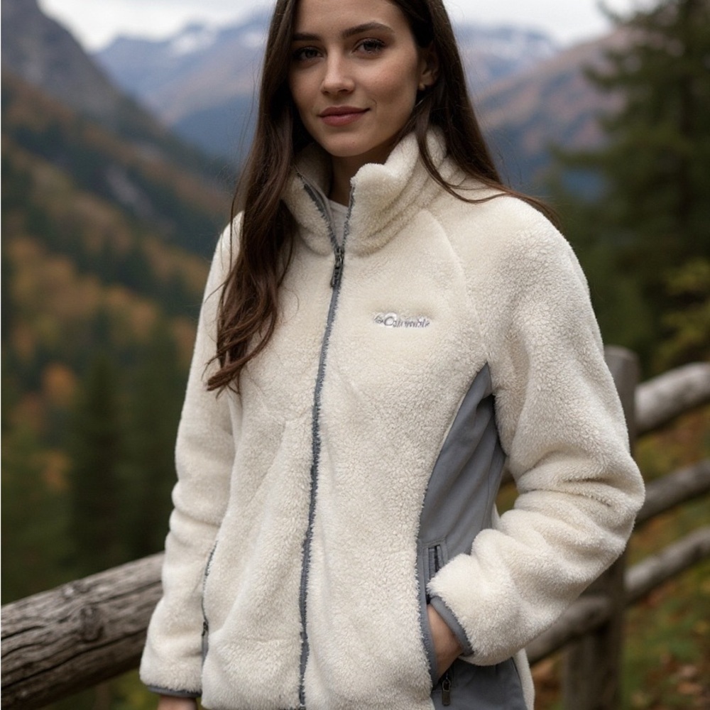 Columbia Women's Soft Cream and Gray Teddy Jacket